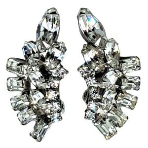 Vintage Rhinestone Earrings Ear Climbers Clear Stones Silver Tone Clip On Costum